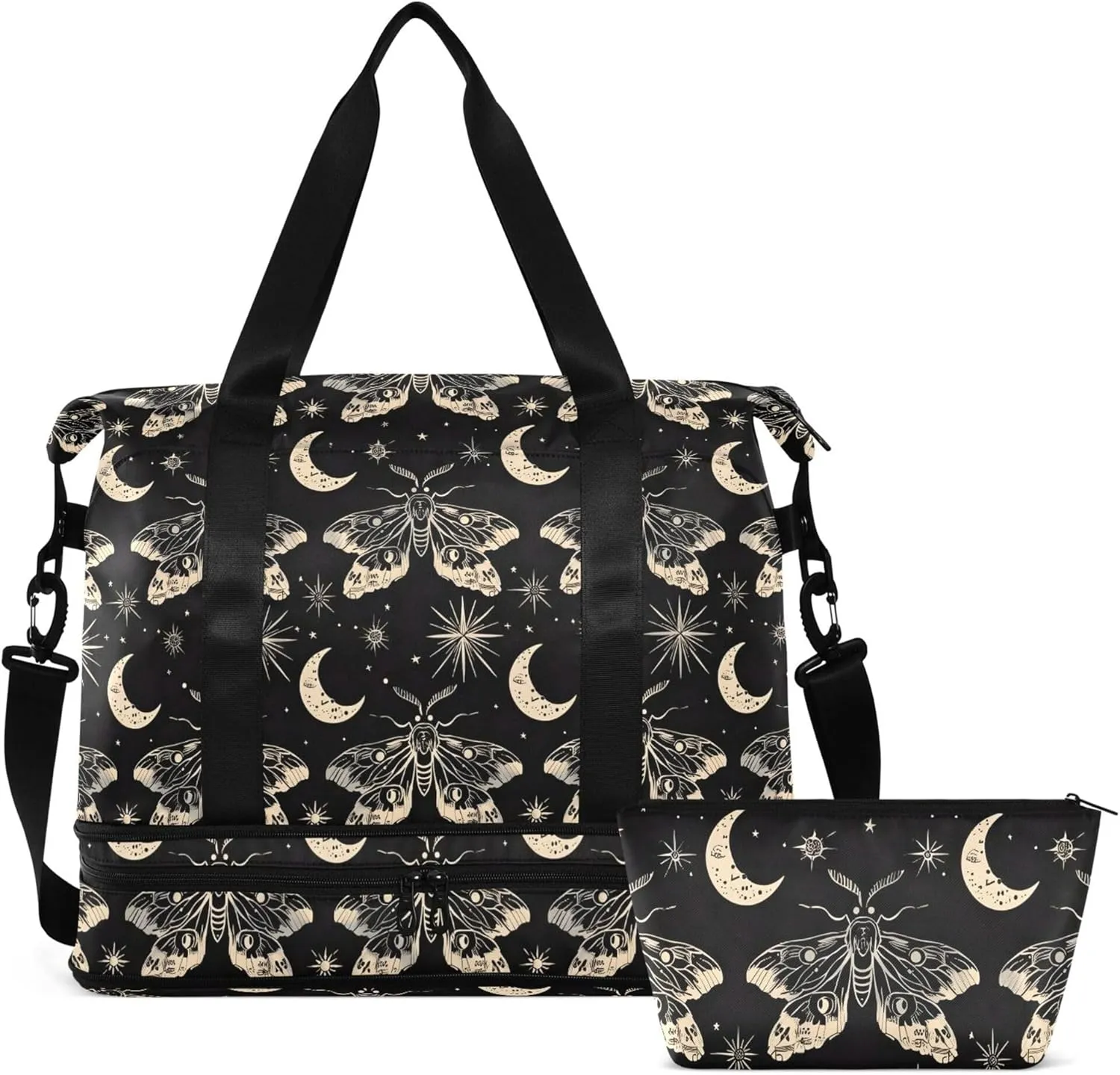 Travel Duffel Tote Bag Butterfly and Moon Skull Sports Duffel Bag with Wet Pocket Weekender Overnight Bag for Women Men Gym Bag, Carry On Bag Hospital Bag for Labor and Delivery