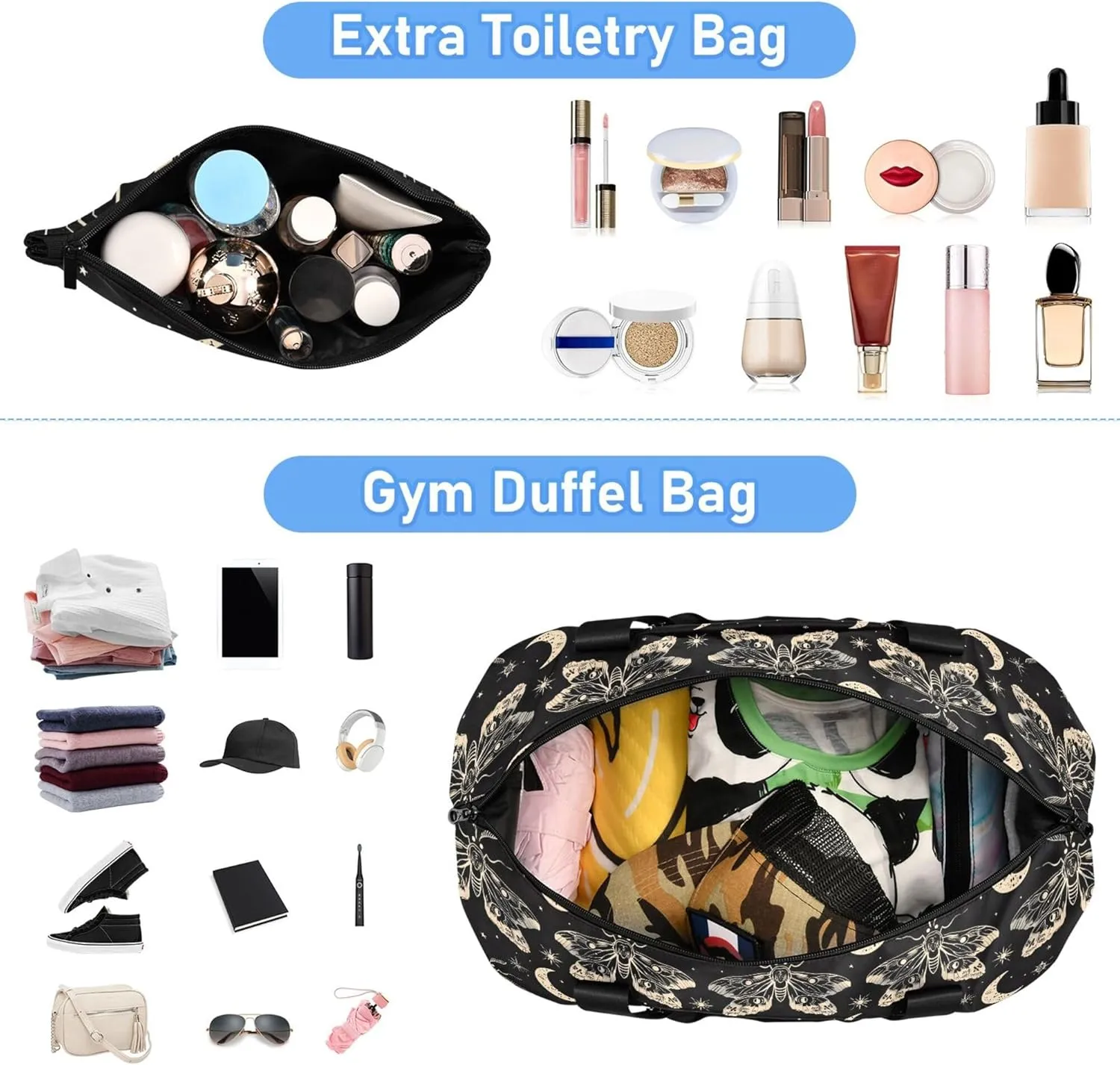 Travel Duffel Tote Bag Butterfly and Moon Skull Sports Duffel Bag with Wet Pocket Weekender Overnight Bag for Women Men Gym Bag, Carry On Bag Hospital Bag for Labor and Delivery