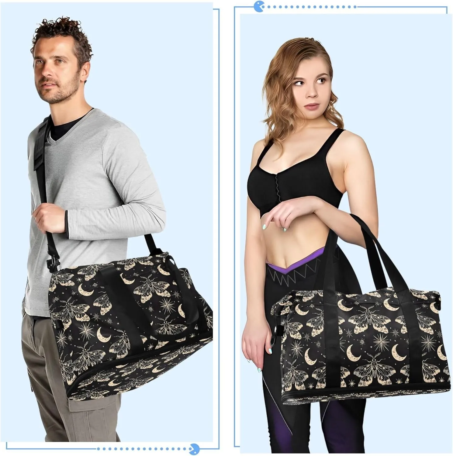 Travel Duffel Tote Bag Butterfly and Moon Skull Sports Duffel Bag with Wet Pocket Weekender Overnight Bag for Women Men Gym Bag, Carry On Bag Hospital Bag for Labor and Delivery