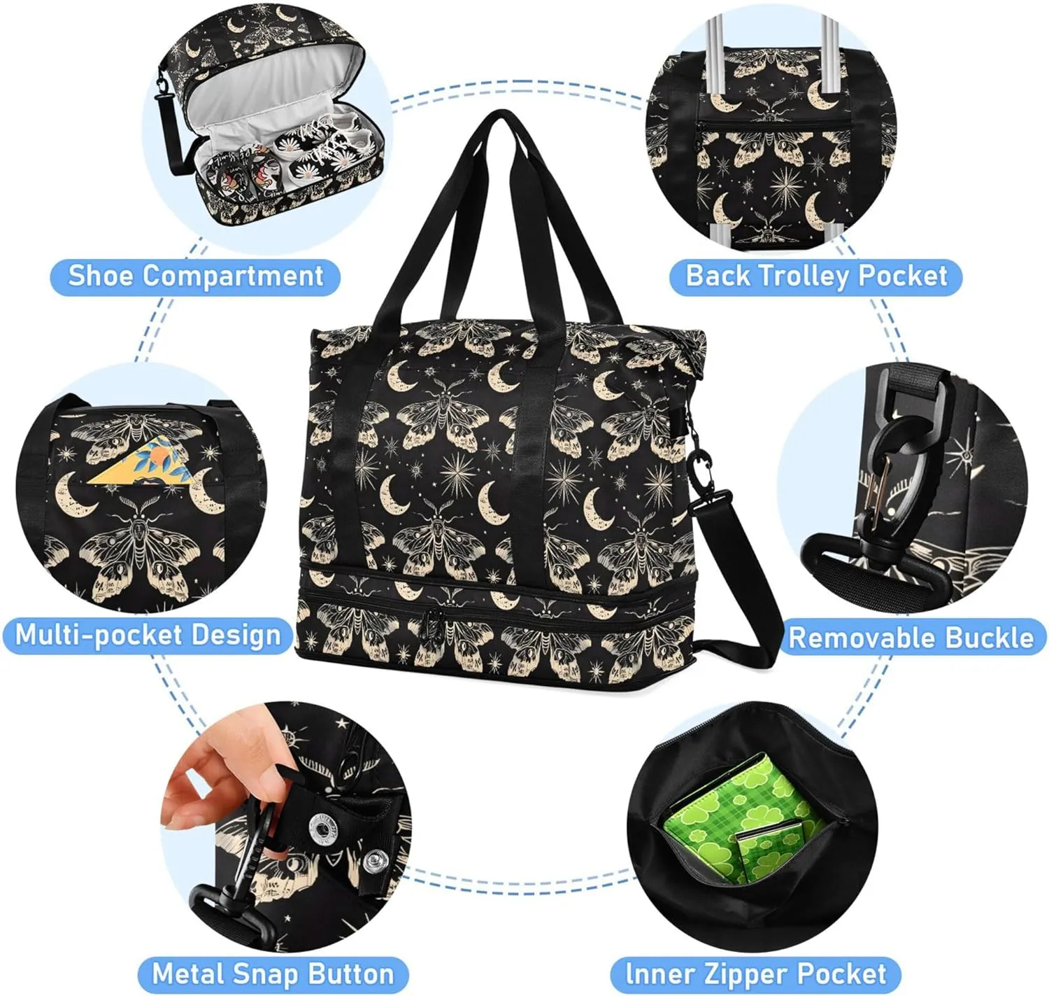 Travel Duffel Tote Bag Butterfly and Moon Skull Sports Duffel Bag with Wet Pocket Weekender Overnight Bag for Women Men Gym Bag, Carry On Bag Hospital Bag for Labor and Delivery