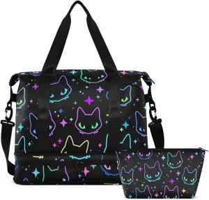 Travel Duffel Tote Bag Colorful Neon Cat Heads Sports Duffel Bag with Wet Pocket Weekender Overnight Bag for Women Men Gym Bag, Carry On Bag Hospital Bag for Labor and Delivery
