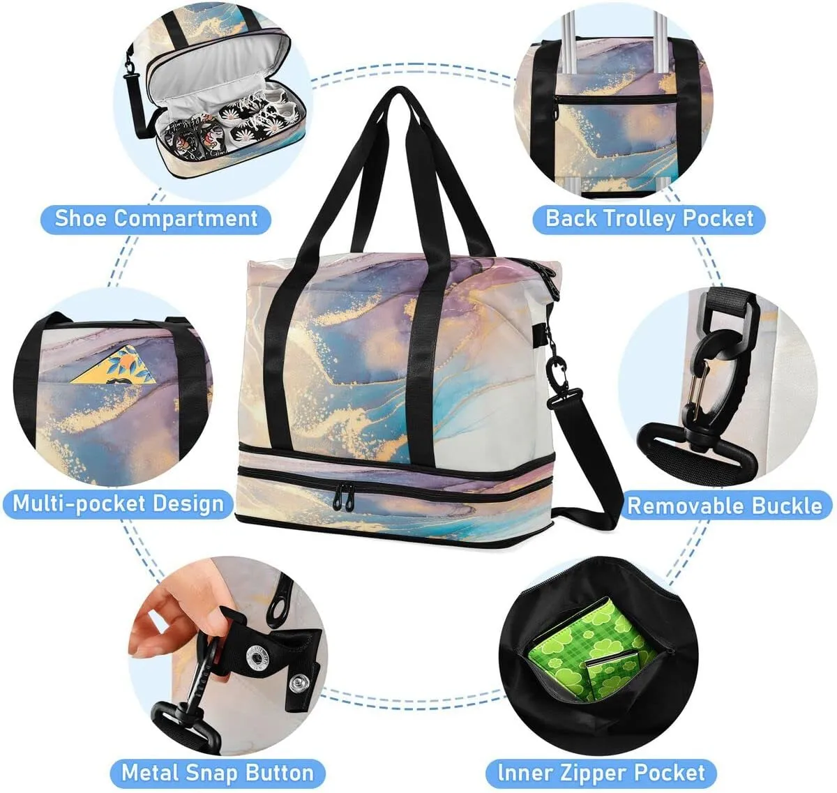 Travel Duffel Tote Bag Luxury Abstract Fluid Art Marble Sports Duffel Bag with Wet Pocket Weekender Overnight Bag for Women Men Gym Bag, Carry On Bag Hospital Bag for Labor and Delivery