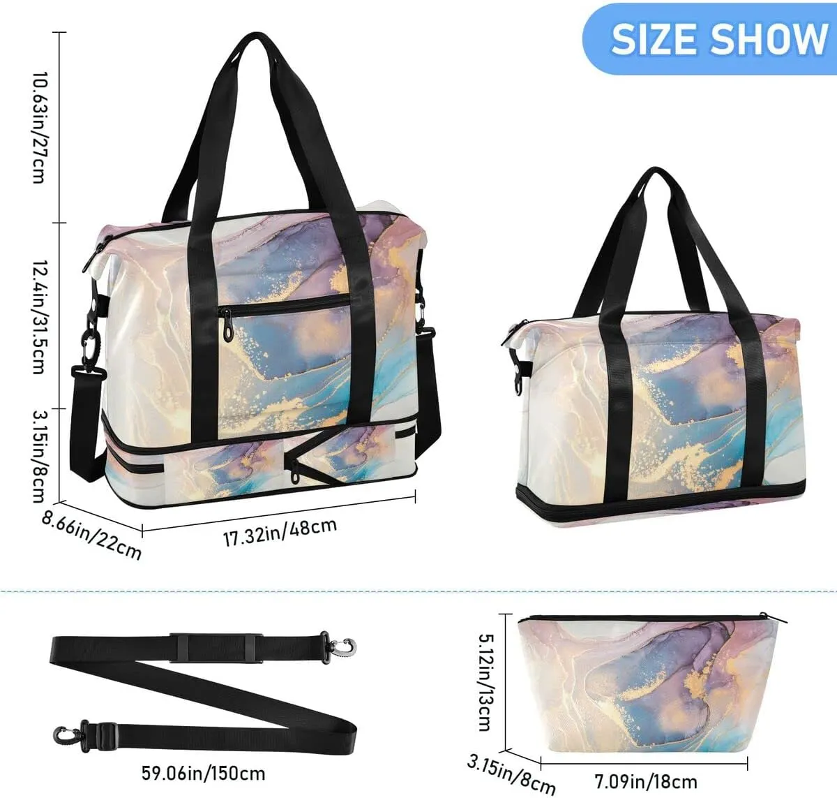 Travel Duffel Tote Bag Luxury Abstract Fluid Art Marble Sports Duffel Bag with Wet Pocket Weekender Overnight Bag for Women Men Gym Bag, Carry On Bag Hospital Bag for Labor and Delivery