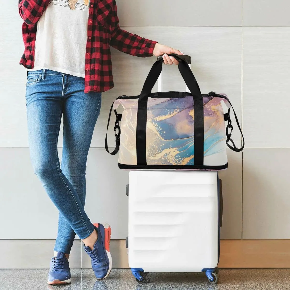 Travel Duffel Tote Bag Luxury Abstract Fluid Art Marble Sports Duffel Bag with Wet Pocket Weekender Overnight Bag for Women Men Gym Bag, Carry On Bag Hospital Bag for Labor and Delivery