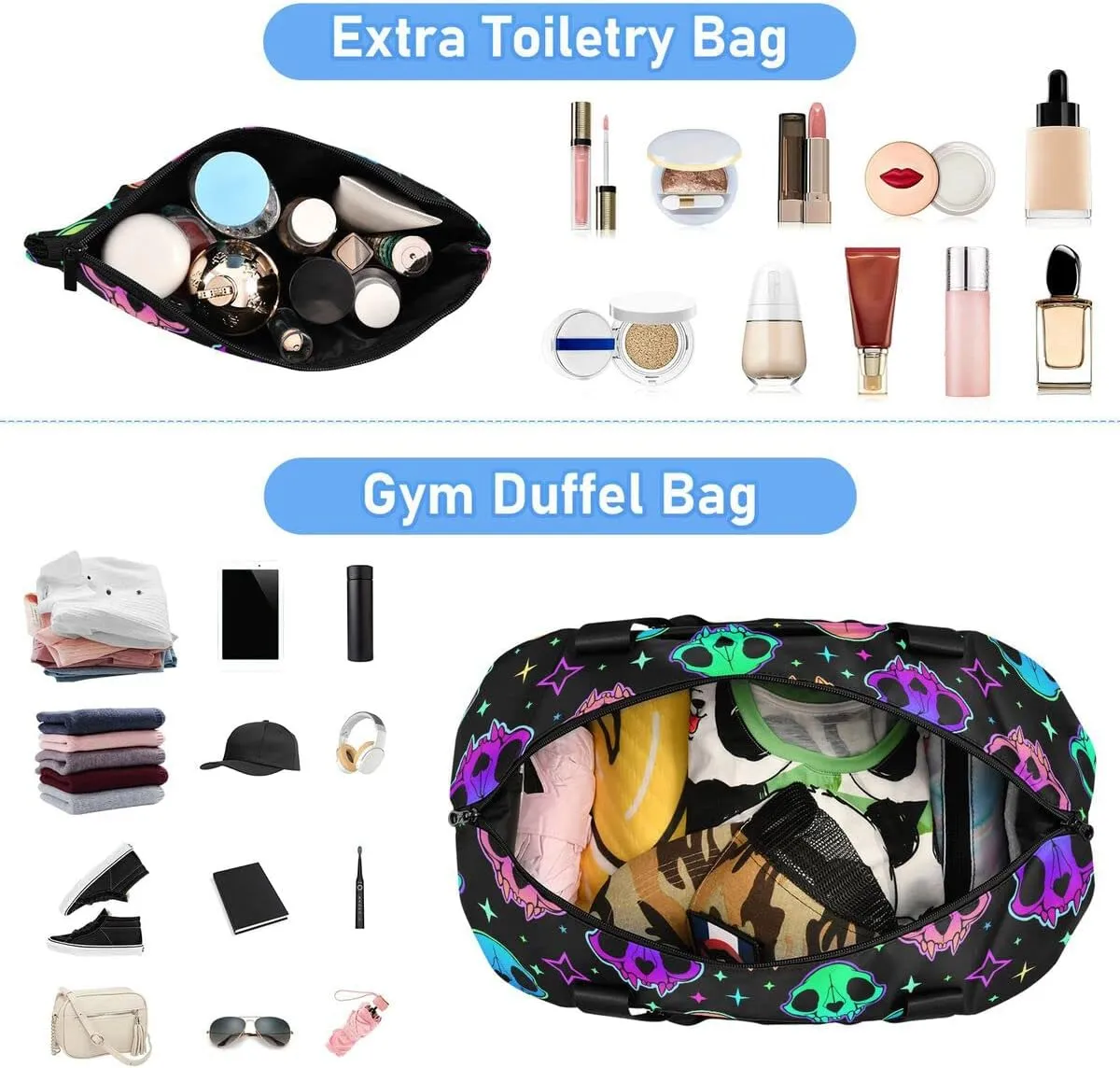 Travel Duffel Tote Bag Rainbow Style Skull Sports Duffel Bag with Wet Pocket Weekender Overnight Bag for Women Men Gym Bag, Carry On Bag Hospital Bag for Labor and Delivery