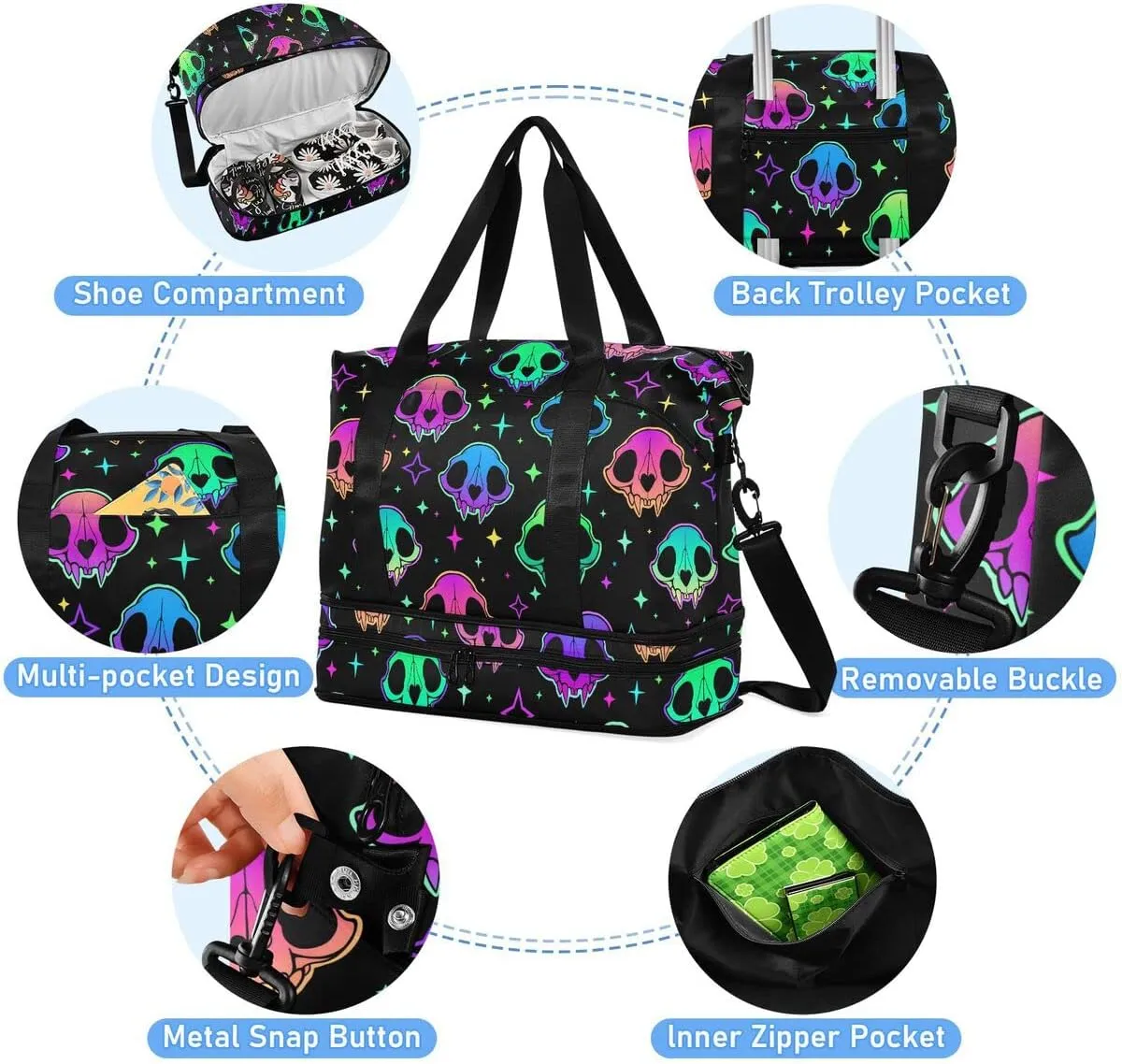Travel Duffel Tote Bag Rainbow Style Skull Sports Duffel Bag with Wet Pocket Weekender Overnight Bag for Women Men Gym Bag, Carry On Bag Hospital Bag for Labor and Delivery