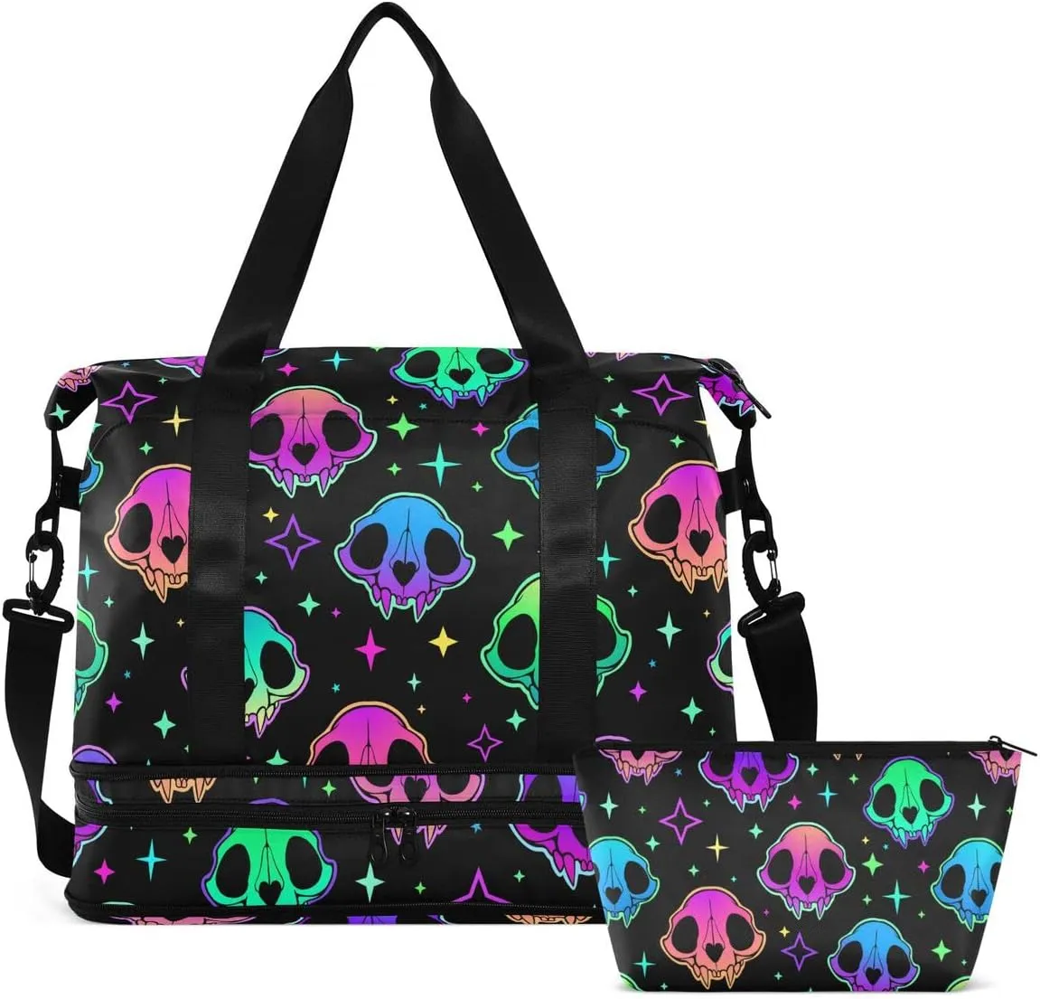 Travel Duffel Tote Bag Rainbow Style Skull Sports Duffel Bag with Wet Pocket Weekender Overnight Bag for Women Men Gym Bag, Carry On Bag Hospital Bag for Labor and Delivery