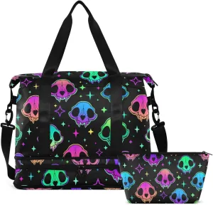 Travel Duffel Tote Bag Rainbow Style Skull Sports Duffel Bag with Wet Pocket Weekender Overnight Bag for Women Men Gym Bag, Carry On Bag Hospital Bag for Labor and Delivery