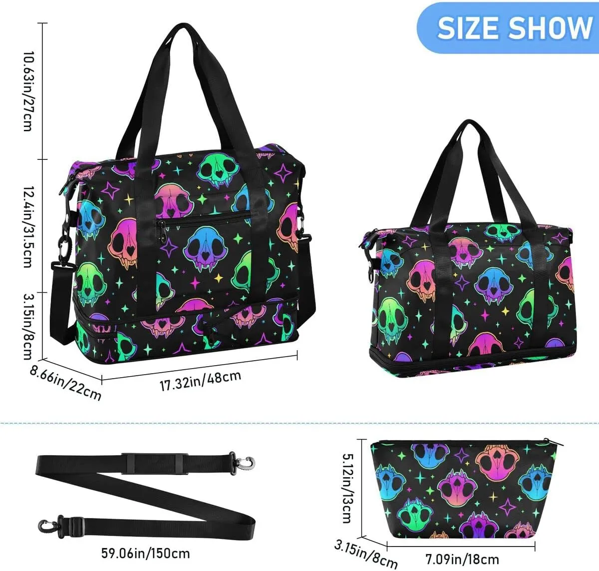 Travel Duffel Tote Bag Rainbow Style Skull Sports Duffel Bag with Wet Pocket Weekender Overnight Bag for Women Men Gym Bag, Carry On Bag Hospital Bag for Labor and Delivery