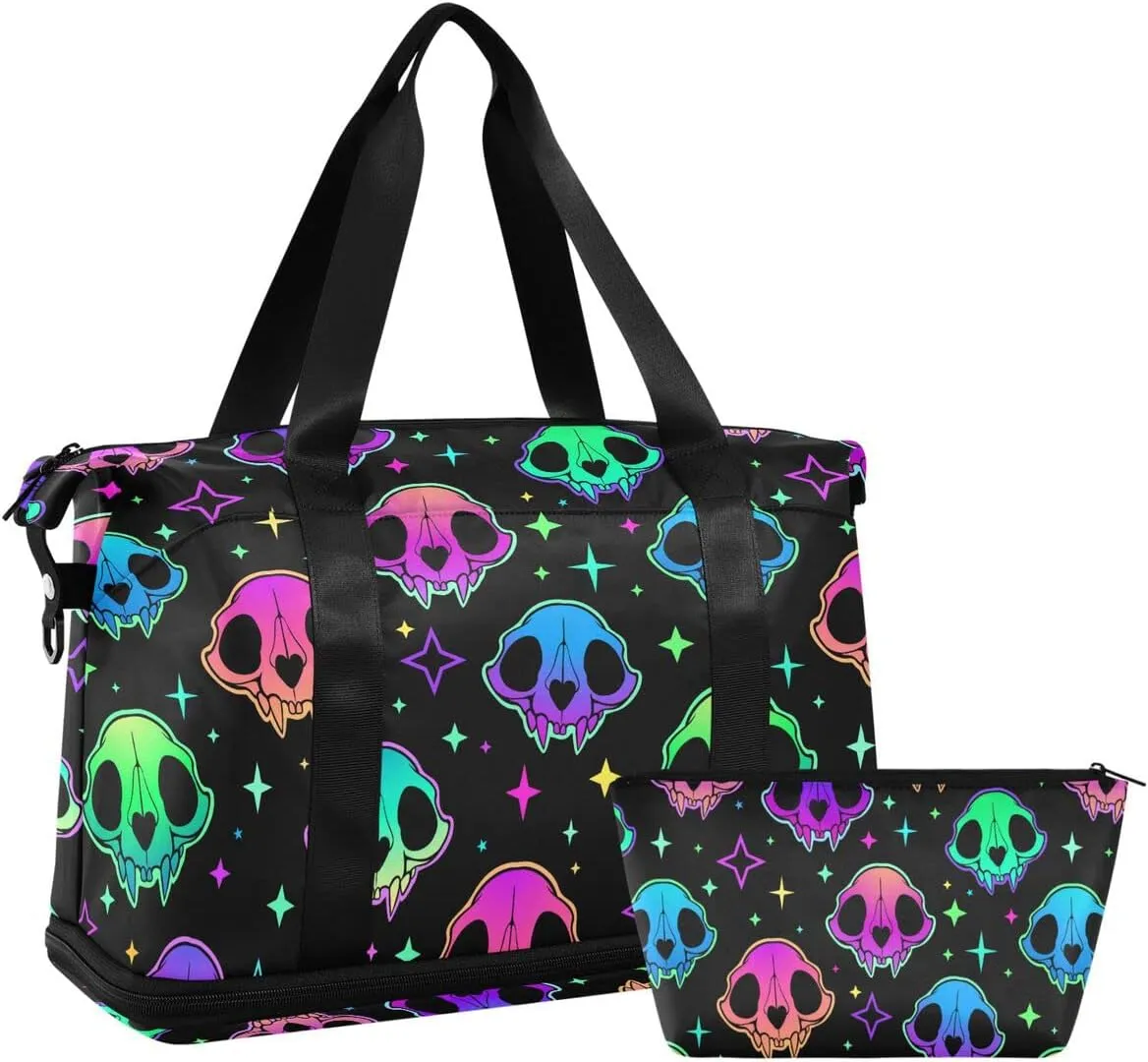 Travel Duffel Tote Bag Rainbow Style Skull Sports Duffel Bag with Wet Pocket Weekender Overnight Bag for Women Men Gym Bag, Carry On Bag Hospital Bag for Labor and Delivery