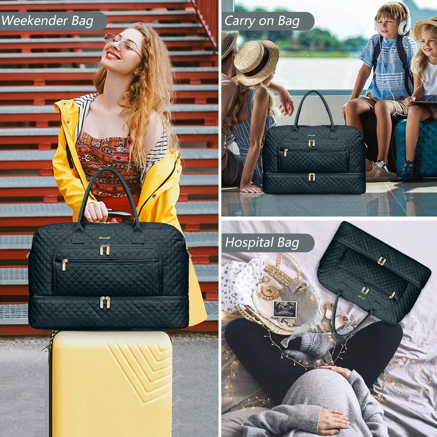 Travel Duffle Bag Weekender for Women - 38L Carry-On Overnight Bag Personal Item Bag with Shoe Compartment & Wet Pocket Weekend Tote Bags with Toiletry Bag Hospital Bags for Labor and Delivery