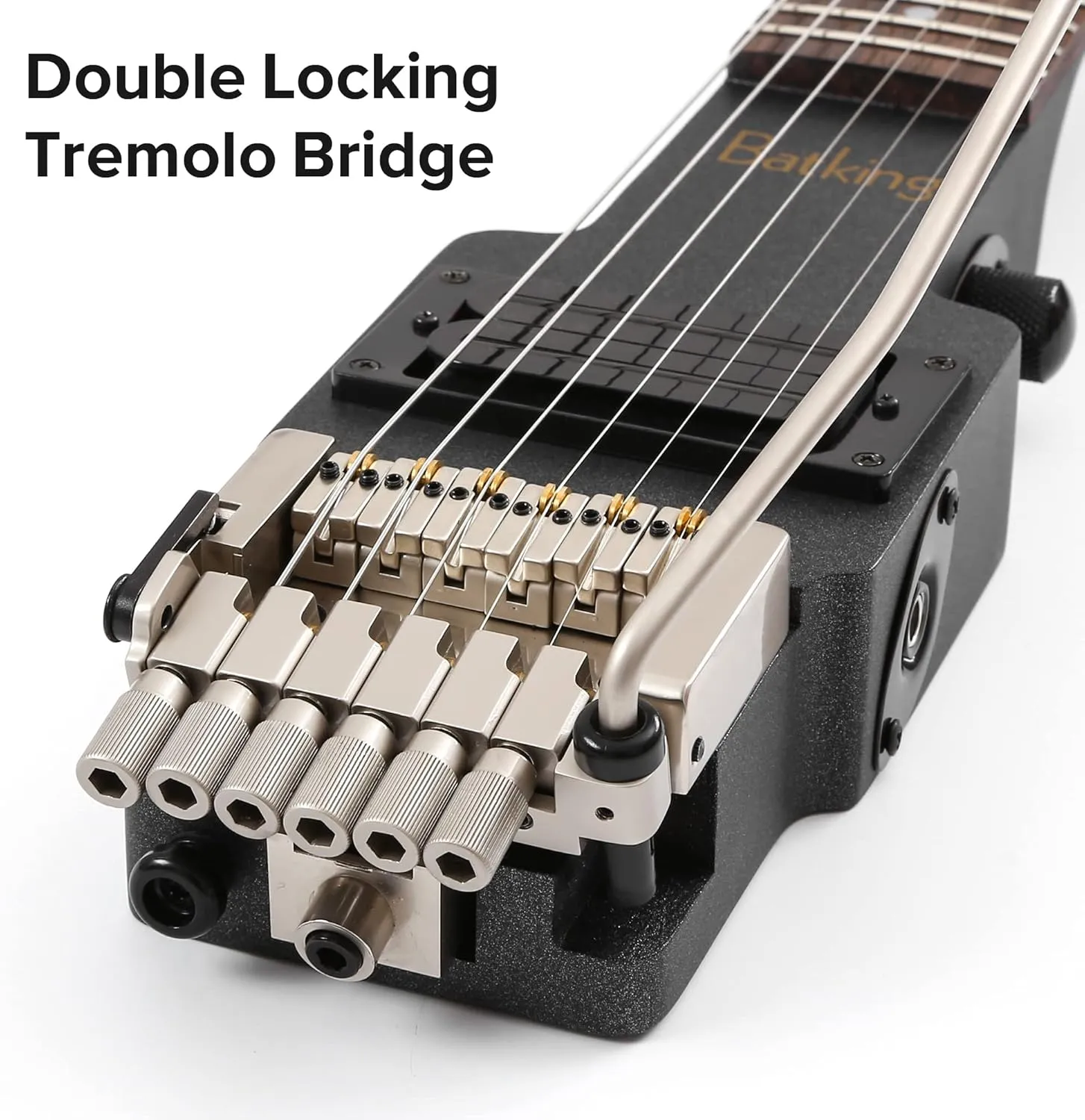 Travel Electric Guitar Headless 6 String Guitar One-piece Canada maple neck through body design Double Locking Tremolo Bridge with Gigbag Black
