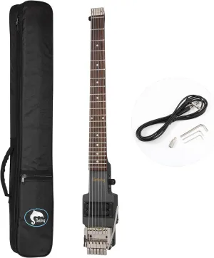 Travel Electric Guitar Headless 6 String Guitar One-piece Canada maple neck through body design Double Locking Tremolo Bridge with Gigbag Black