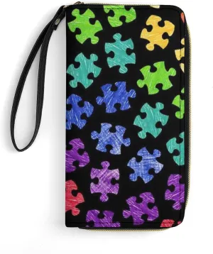 Travel Purse Fashion Design Gift, Huge Storage Capacity Wallet With Rope, Cute Decor Wallet, Long PU Zipper Wallet Compatible with Colorful Autism Awareness Pattern