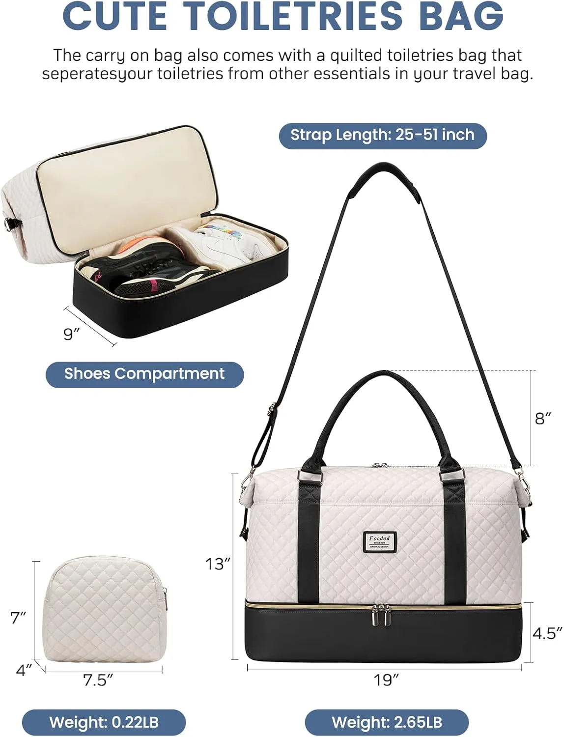 Travel Weekender Duffle Bags for Women: Overnight Bags with Shoe Compartment Large Carry on Weekend Bag with Toiletry & Wet Pocket Tote Duffel Bag Hospital Bag for Women Labor Delivery Begie Black