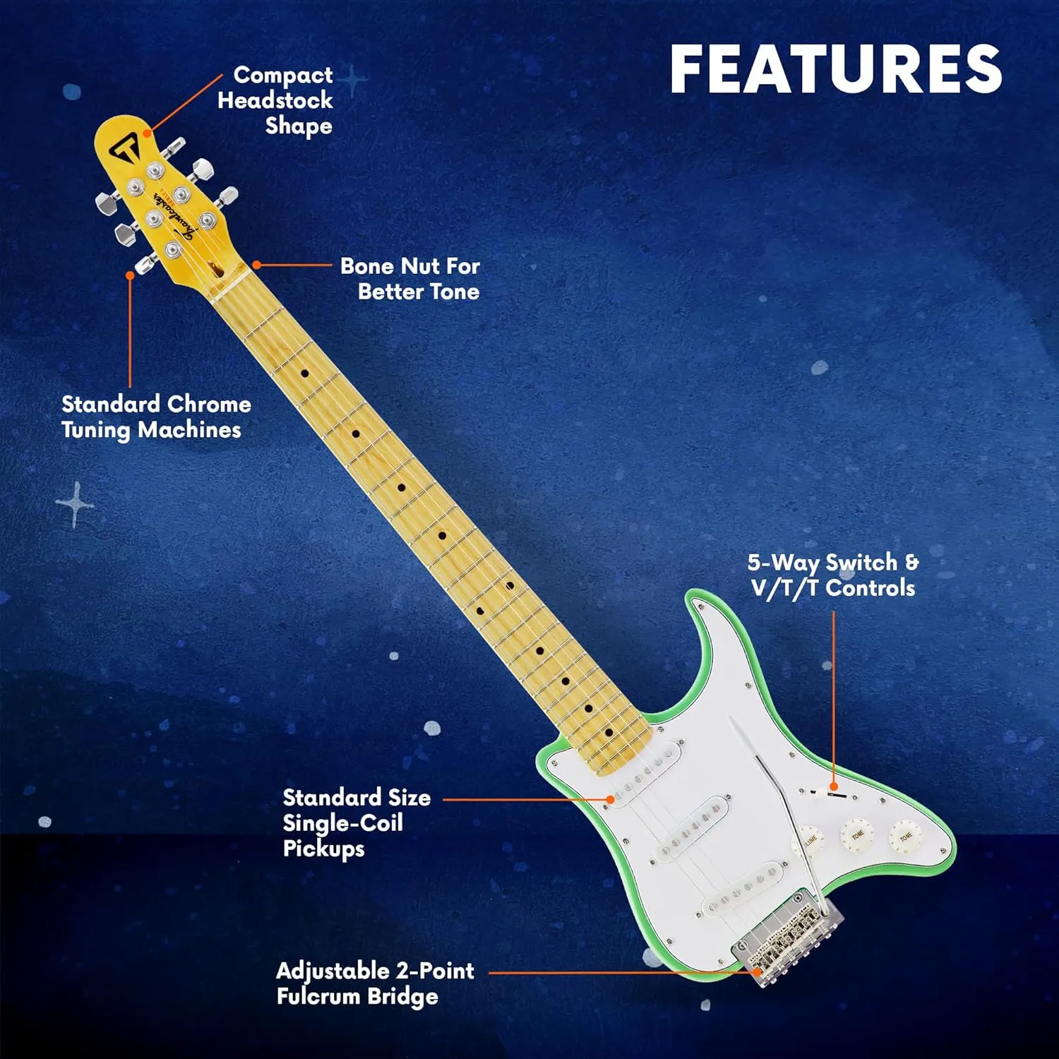 Traveler Guitar Guitar 6 String Travelcaster Deluxe (Gloss Black) Electric, Right, Surf Green/White, Full (TCD SGNG)