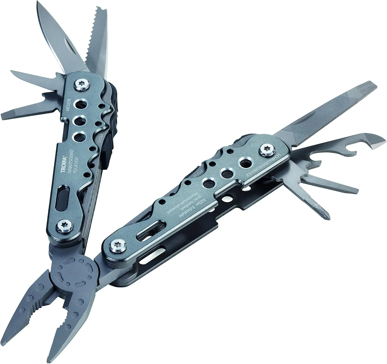 TROIKA ARBEITSGERÄT – TOL41/GY – Multi-tool with 10 functions – EDC- Gift for men– integrated spring and locking function – pincers, knife, saw – bottle opener, can opener – 420 stainless steel