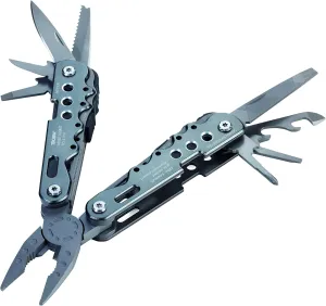 TROIKA ARBEITSGERÄT – TOL41/GY – Multi-tool with 10 functions – EDC- Gift for men– integrated spring and locking function – pincers, knife, saw – bottle opener, can opener – 420 stainless steel