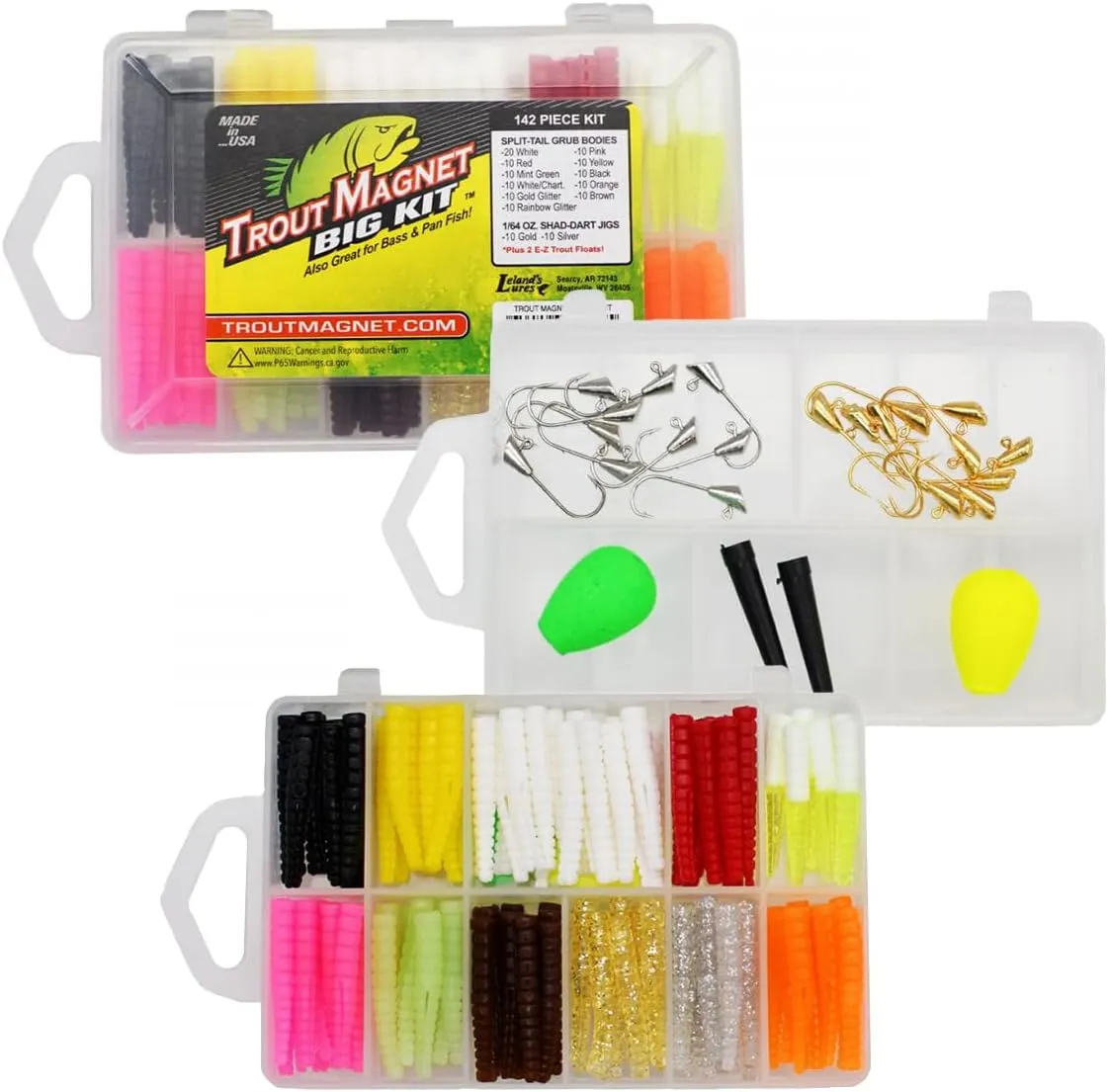 Trout Magnet Original 142-Piece Trout Fishing Gear Kit - 120pc Grub Lures with Neon Bait, 20 Hooks, 2 Floats - High Grade Trout Magnet Kit for Freshwater and Saltwater Fishing