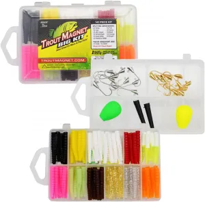 Trout Magnet Original 142-Piece Trout Fishing Gear Kit - 120pc Grub Lures with Neon Bait, 20 Hooks, 2 Floats - High Grade Trout Magnet Kit for Freshwater and Saltwater Fishing
