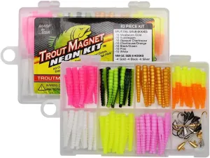 Trout Magnet TNT Kit – 82-Piece Set with 70 Soft Plastic Bodies & 12 Jig Heads – Top 7 Hot Colors – Includes 1/64oz Shad-Dart Heads in Gold, Black, Silver & Chartreuse – Ultimate Trout Fishing Lure