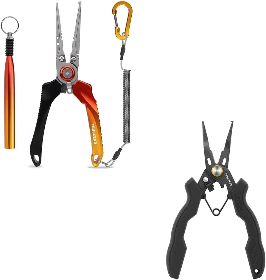 TRUSCEND Lockable Handy Fishing Pliers, Split Ring Pliers Kit with Wacky Rig Tool, Corrosion Resistant Teflon Coating Fishing Gear Hook Remover for Saltwater Freshwater, Fishing Gifts for Men