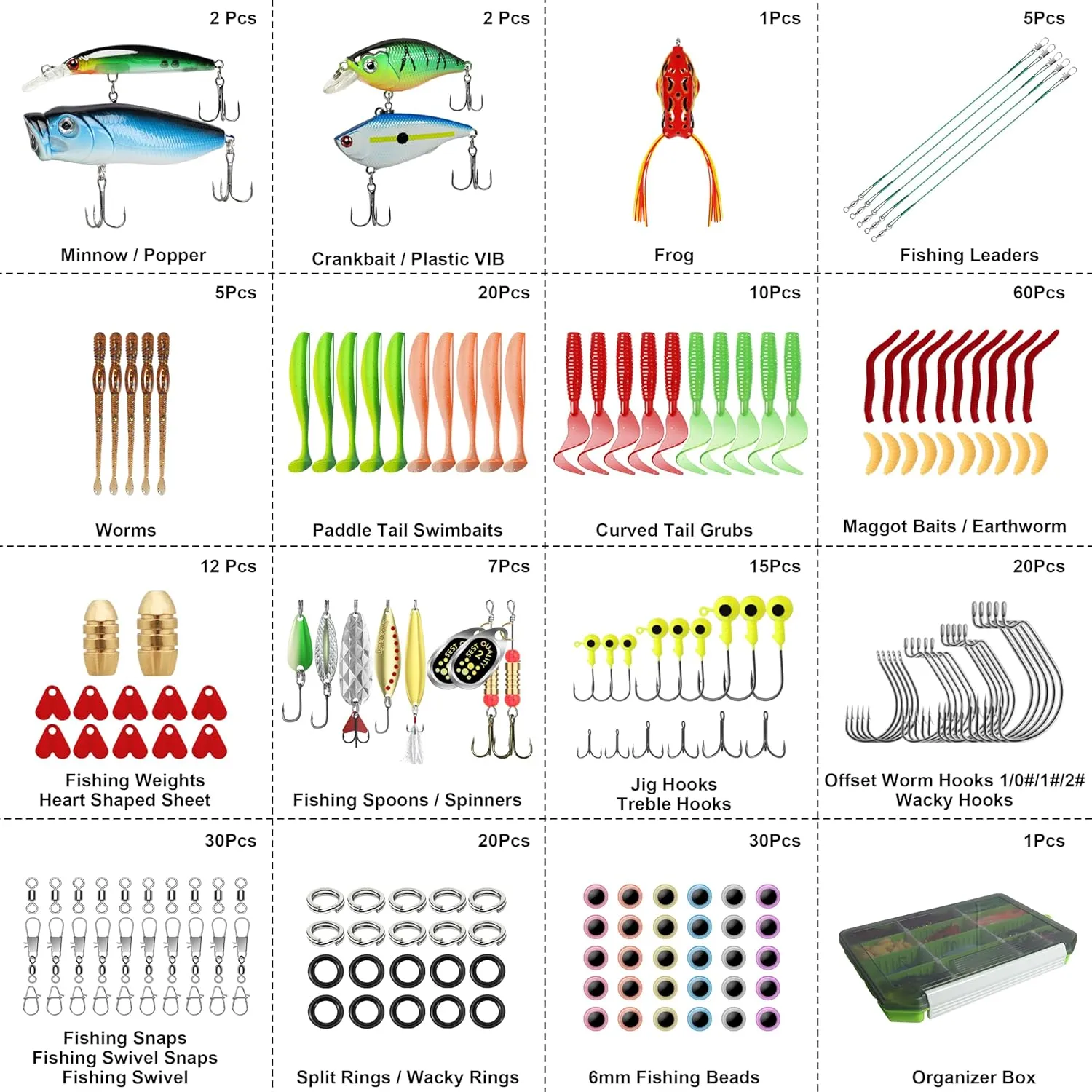 TRUSCEND Widely Used Fishing Tackle & Accessories Kit, Fishing Tackle Box with Tackle Included, Fishing Sinker Weight Hook Swivels Snap Leader Lures, Giftable Beginner Fishing Lures/Gear Set
