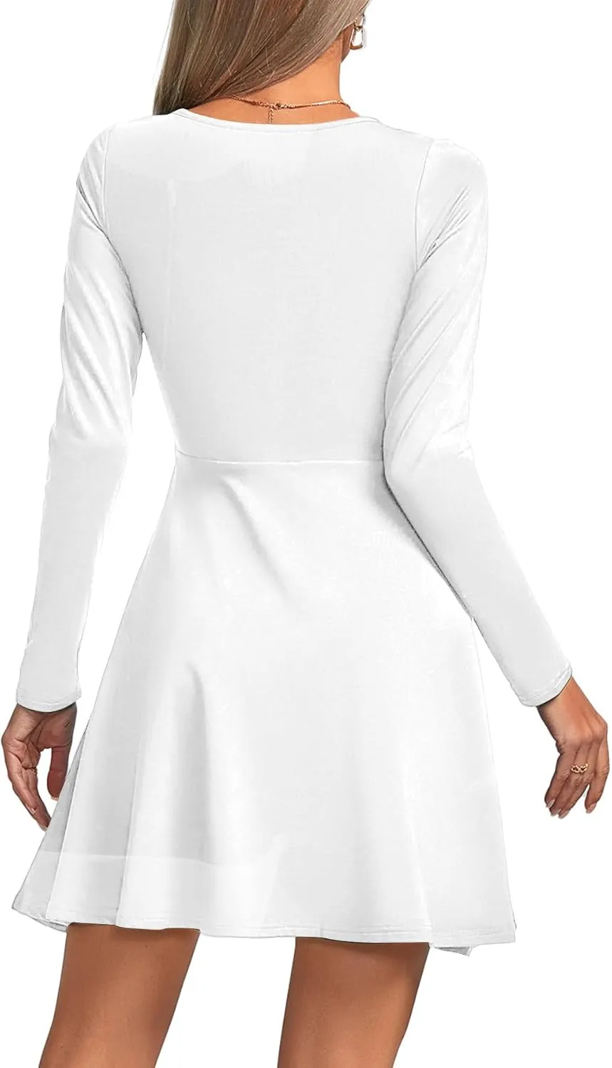 Umenlele Women's Scoop Neck Long Sleeve Dresses Casual Flowy Swing Mini Short Wrap Skater Dress
