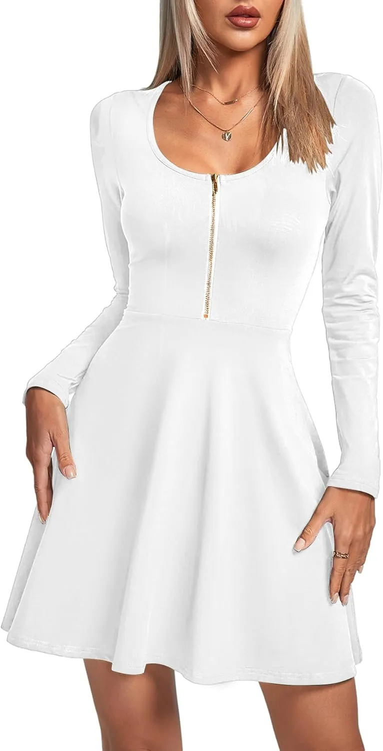 Umenlele Women's Scoop Neck Long Sleeve Dresses Casual Flowy Swing Mini Short Wrap Skater Dress