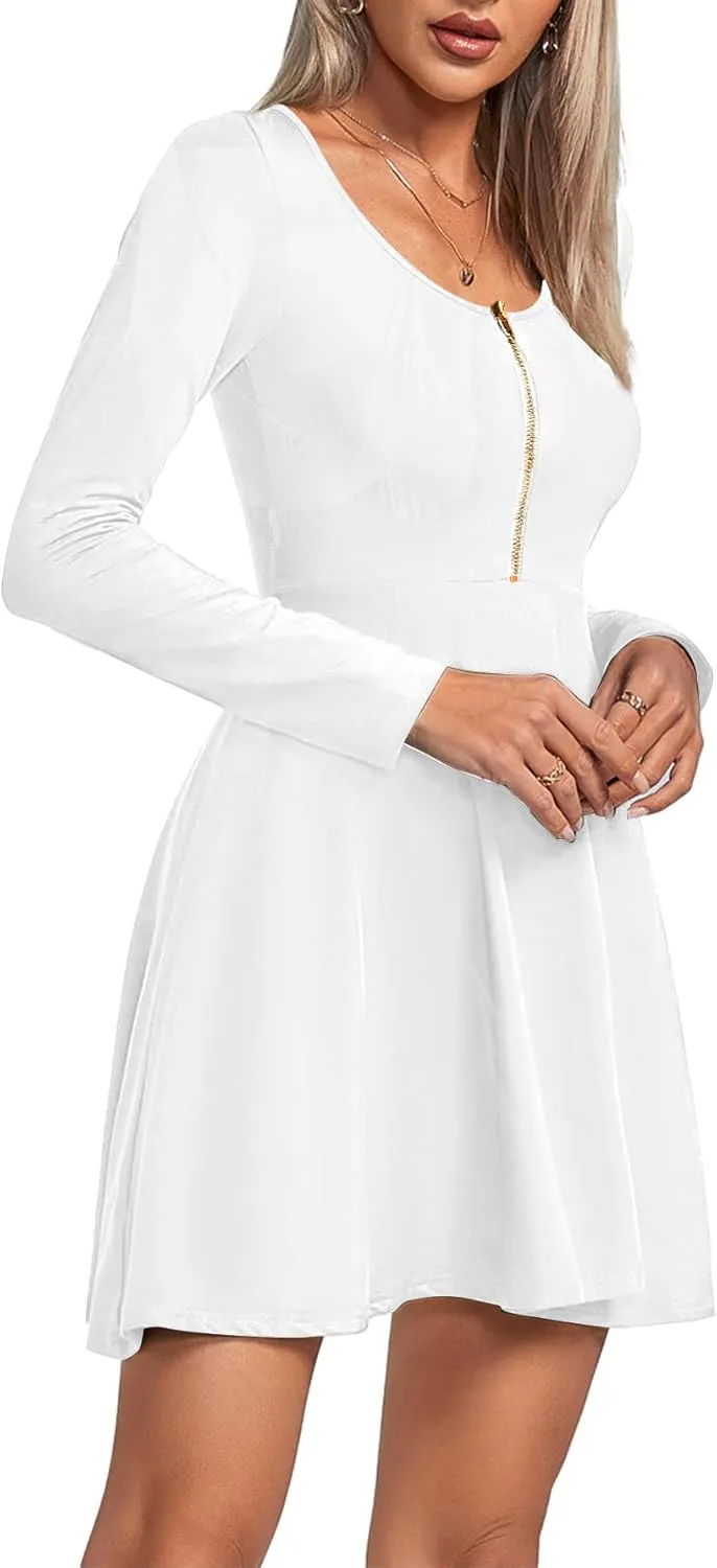 Umenlele Women's Scoop Neck Long Sleeve Dresses Casual Flowy Swing Mini Short Wrap Skater Dress