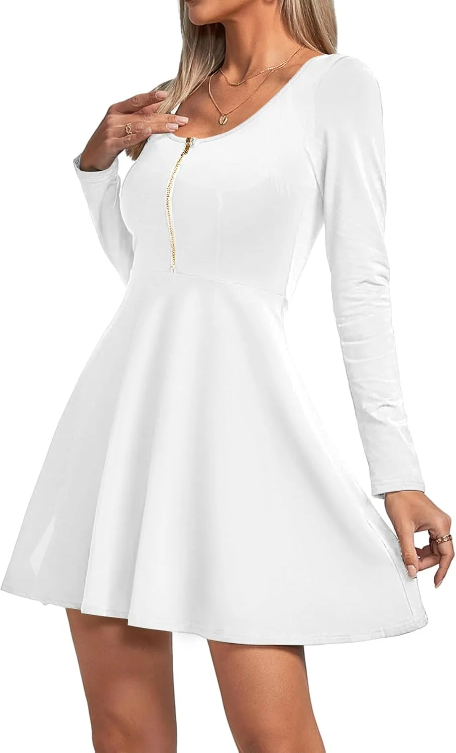 Umenlele Women's Scoop Neck Long Sleeve Dresses Casual Flowy Swing Mini Short Wrap Skater Dress