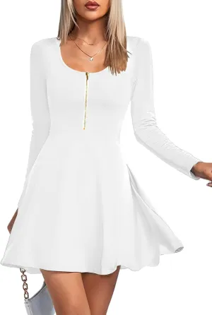 Umenlele Women's Scoop Neck Long Sleeve Dresses Casual Flowy Swing Mini Short Wrap Skater Dress