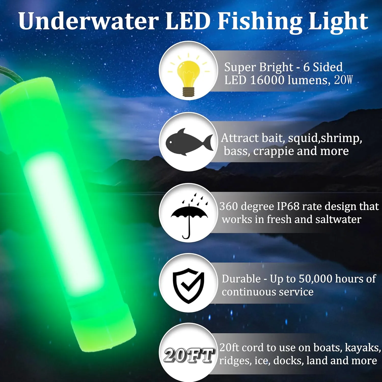 Underwater Fishing Light Super Bright 16000 Lumens 20W 12V LED Submersible Fish Bait Finder Deep Drop Night Fishing Light for Shrimp, Prawns, Squid and Fish
