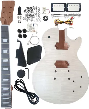 Unfinished Electric Guitar Kit Les Paul Style Beginner Kits 6 String with Flamed maple Veneer Mahogany Body Mahogany Neck Composite Ebony Fretboard Chrome Hardware Build Your Own Guitar.