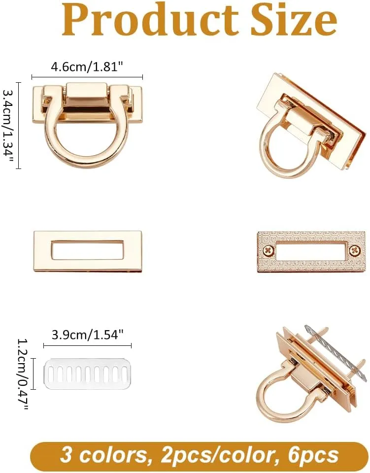 UNICRAFTALE About 6Pcs Purse Twist Turn Locks 3 Colors Alloy Bag Twist Lock Accessories Handbags Lock Rectangle Turn Lock Clip Clasp Hardware Purse Bag Closure Clasp for DIY Purse Handbag Making