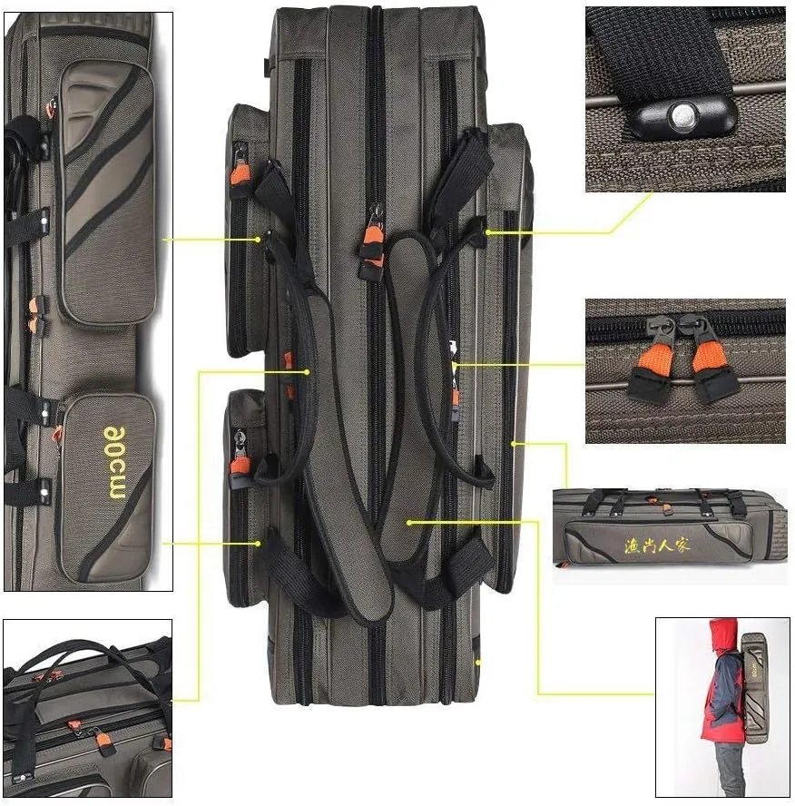 UNISTRENGH 3 Layers Portable Folding Fishing Rod Carrier Reel Case Bags Fish Pole Tools Storage Bag Case Pro Gear Tackle (3 layers/90cm(35.4inch))