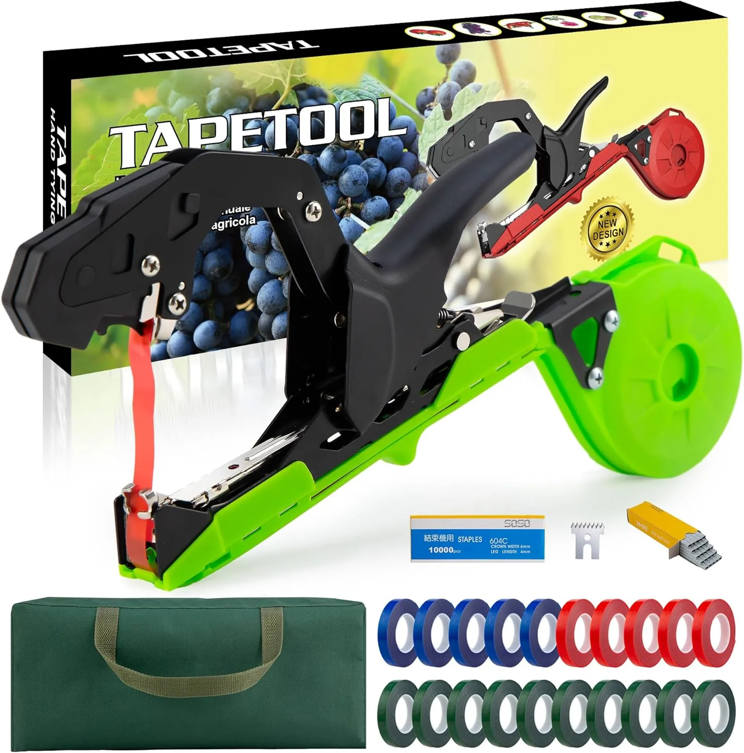 Upgraded Plant Tying Machine, FurFrolic Lightweight Plant Tape Gun to Tie Up Vine Quickly, Tapener Tying Tool for Tomatoes, Grapes with Green Tape, Spare SK5 Blade, Staples and Storage Bag