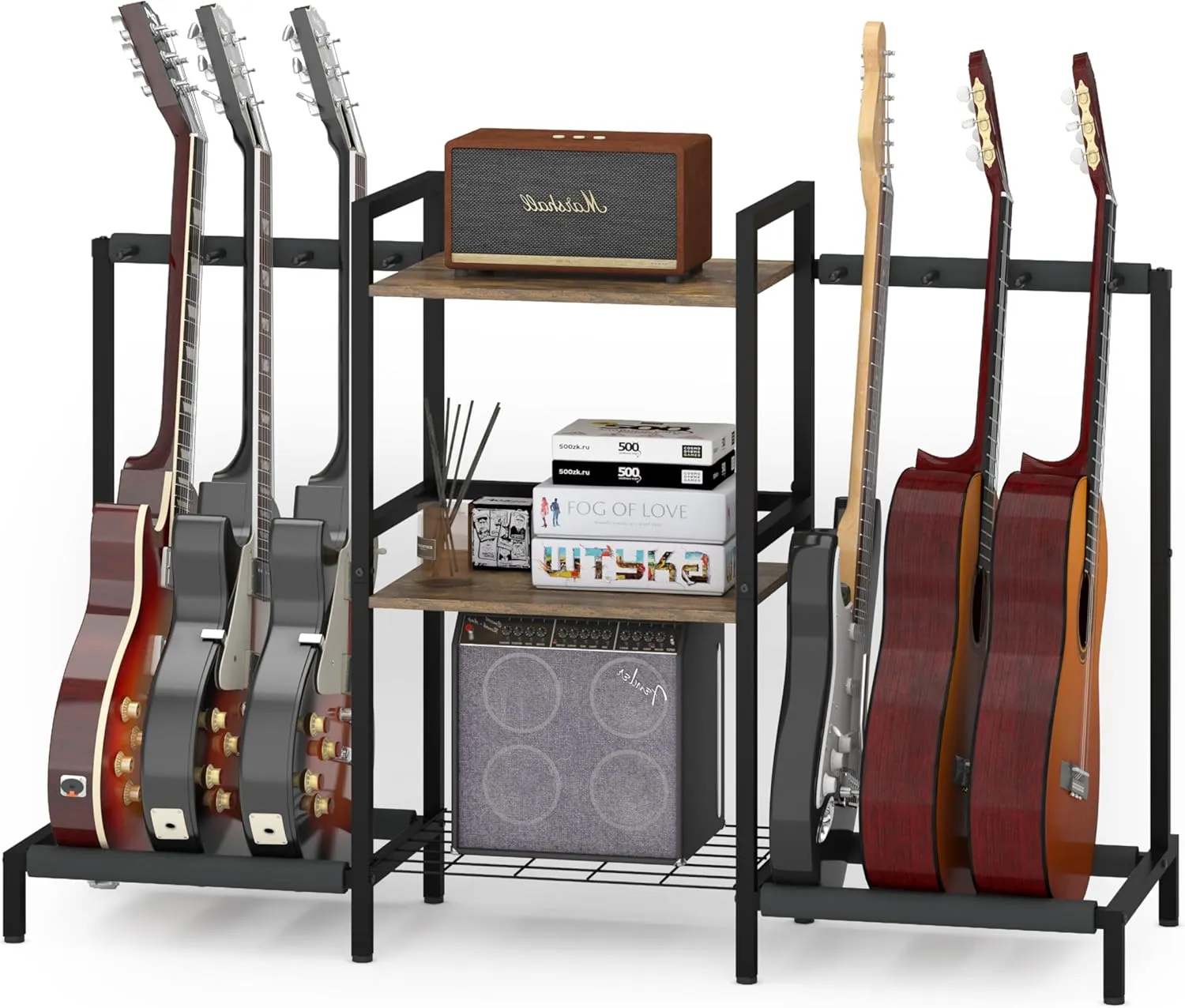 Usinso 6 Space Multi Guitar Rack for Acoustic, Electric, Bass, Ukuleles & Amp Accessories - 29'H Back Rack Guitar Display for Home Music Studio