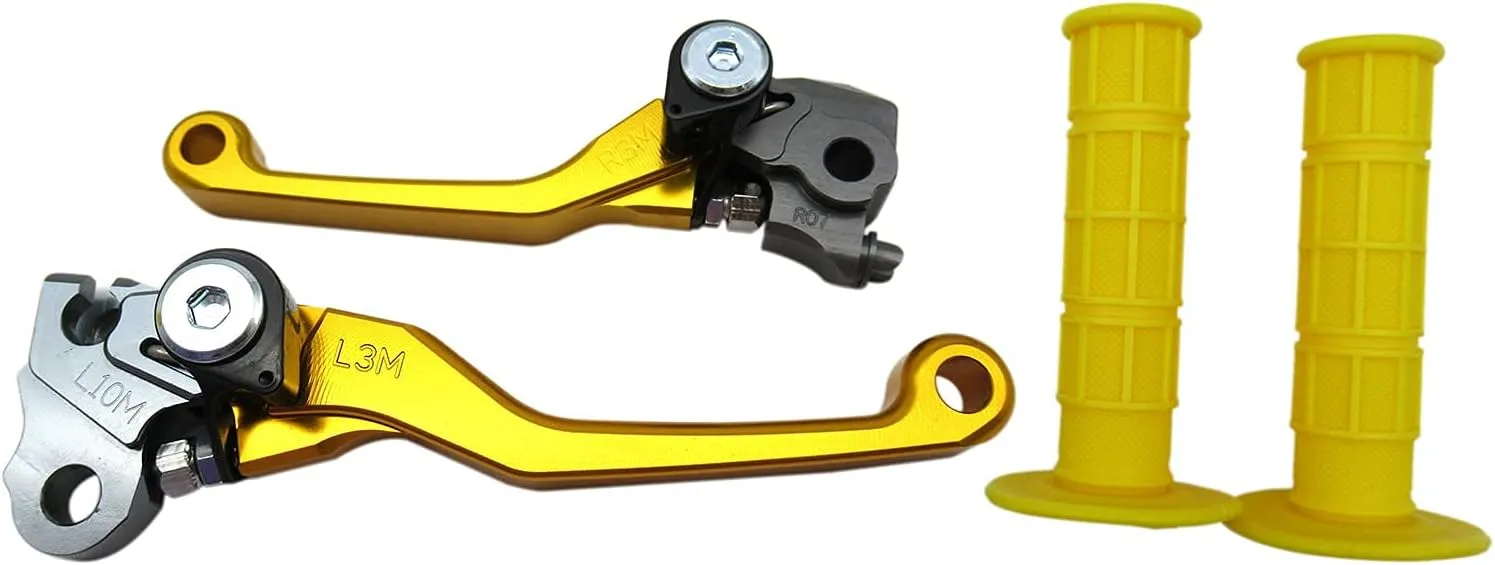 USonline911 Gold Pair of CNC Billet 6061-T6 Aluminum Motorcross Dirt Bike Pivot Brake Clutch Levers Set Pair of 7/8" 22mm Rubber Hand Grips for 1980 Bultaco Astro 250