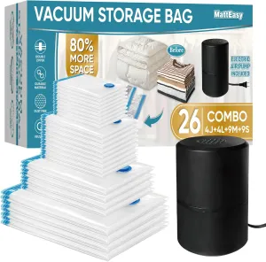 Vacuum Storage Bags with Electric Pump, 26 Pack (4 Jumbo/4 Large/9 Medium/9 Small), Space Saver Bags with Pump, Storage Vacuum Sealed Bags for Clothes, Comforters, Blankets, Bedding