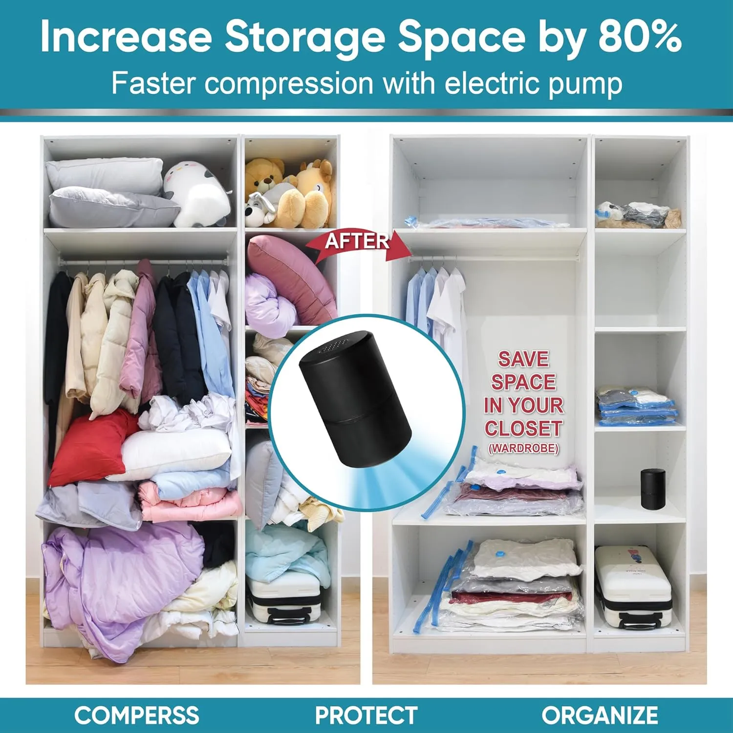 Vacuum Storage Bags with Electric Pump, 26 Pack (4 Jumbo/4 Large/9 Medium/9 Small), Space Saver Bags with Pump, Storage Vacuum Sealed Bags for Clothes, Comforters, Blankets, Bedding