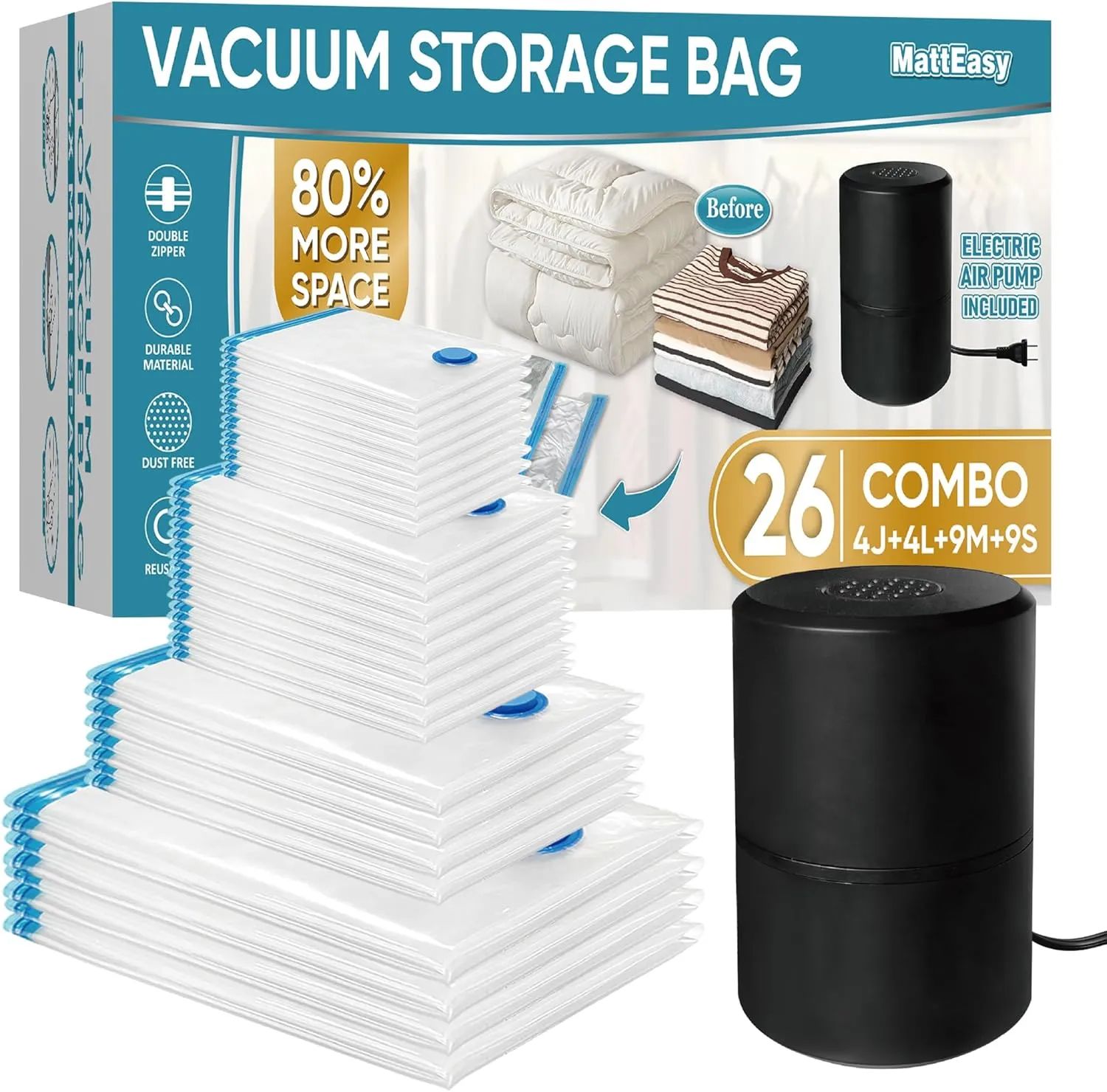 Vacuum Storage Bags with Electric Pump, 26 Pack (4 Jumbo/4 Large/9 Medium/9 Small), Space Saver Bags with Pump, Storage Vacuum Sealed Bags for Clothes, Comforters, Blankets, Bedding