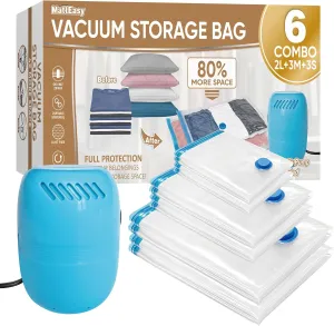 Vacuum Storage Bags with Electric Pump, 6 Pack (2 Jumbo/2 Large/3 Medium), Space Saver Bags with Pump, Storage Vacuum Sealed Bags for Clothes, Comforters, Blankets, Bedding