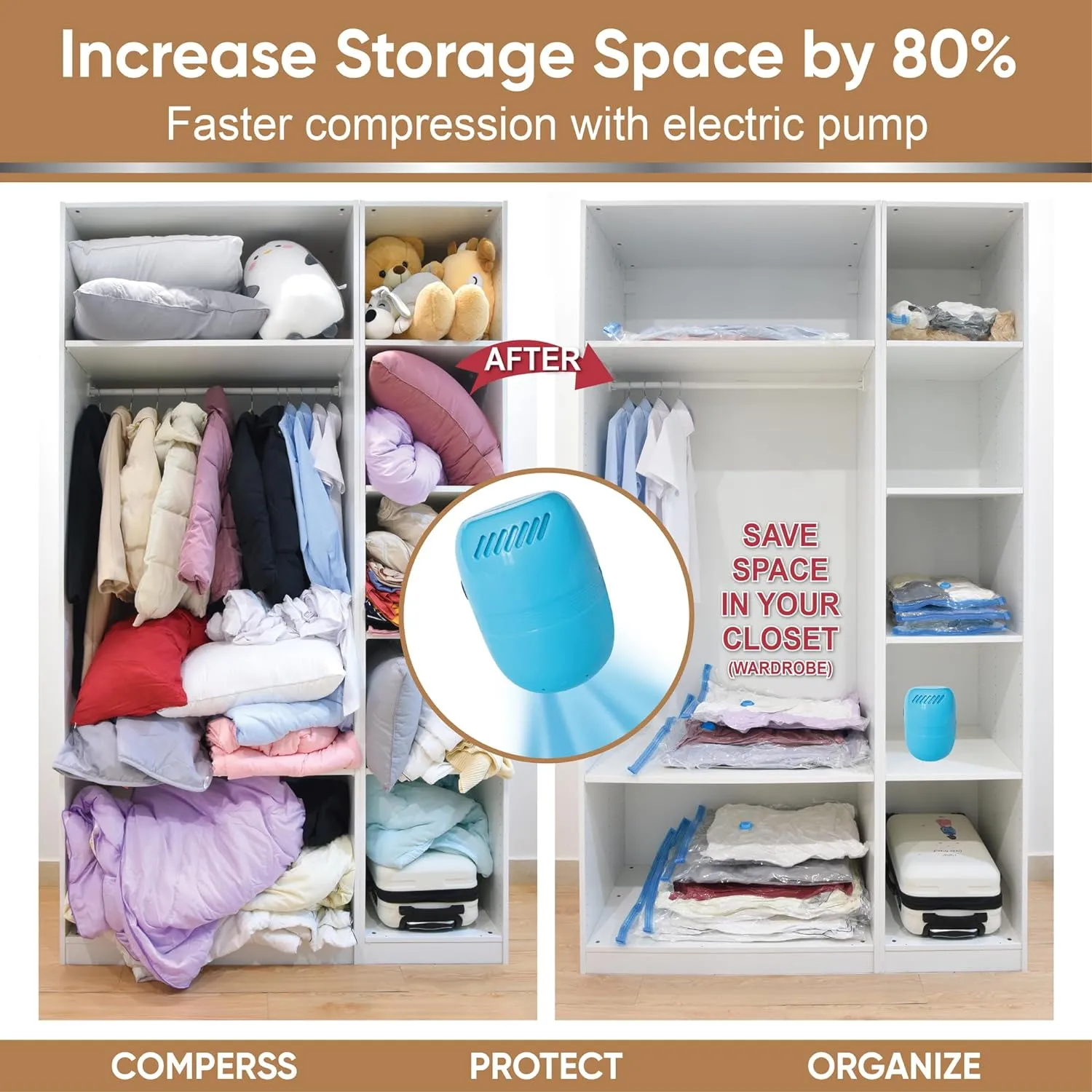 Vacuum Storage Bags with Electric Pump, 6 Pack (2 Jumbo/2 Large/3 Medium), Space Saver Bags with Pump, Storage Vacuum Sealed Bags for Clothes, Comforters, Blankets, Bedding