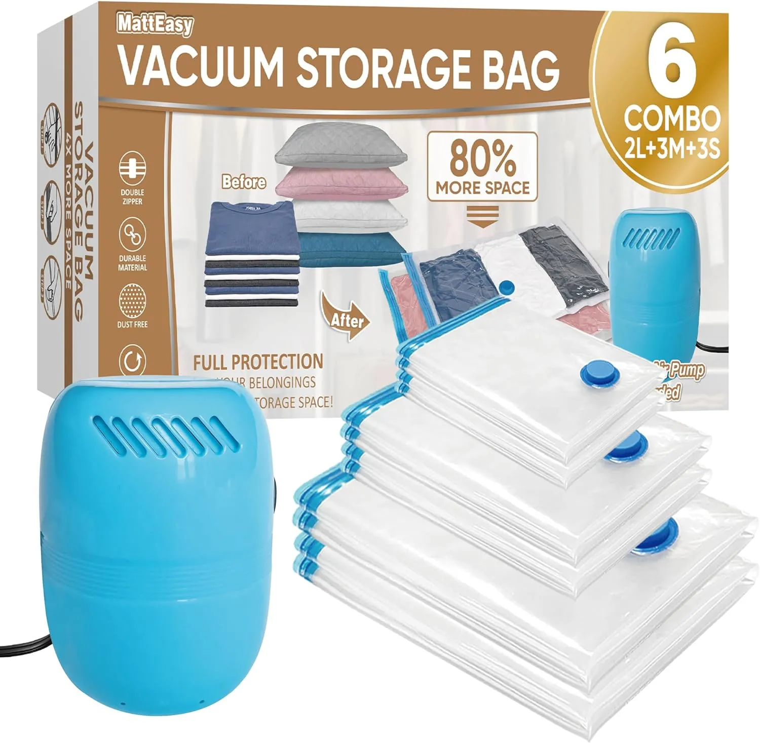 Vacuum Storage Bags with Electric Pump, 6 Pack (2 Jumbo/2 Large/3 Medium), Space Saver Bags with Pump, Storage Vacuum Sealed Bags for Clothes, Comforters, Blankets, Bedding