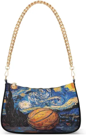 Van Gogh Starry Basketball Artwork Tote Bag Hobo Handbag Shoulder Bag for Women Ladies Mini Clutch Purse with Zipper Closure