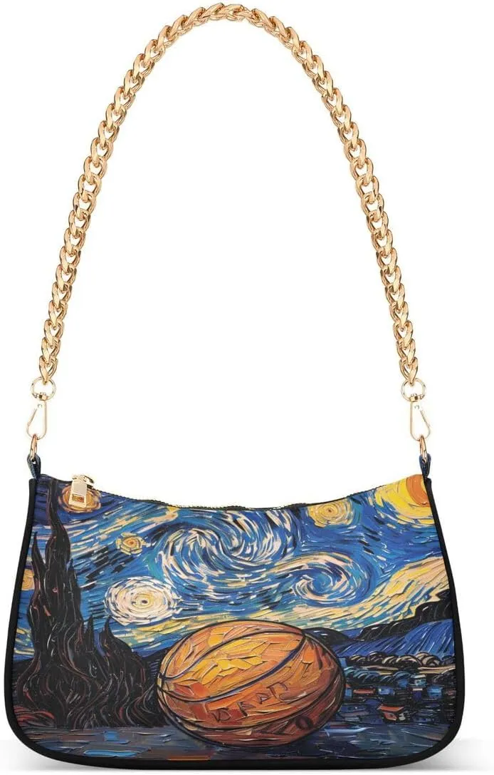 Van Gogh Starry Basketball Artwork Tote Bag Hobo Handbag Shoulder Bag for Women Ladies Mini Clutch Purse with Zipper Closure