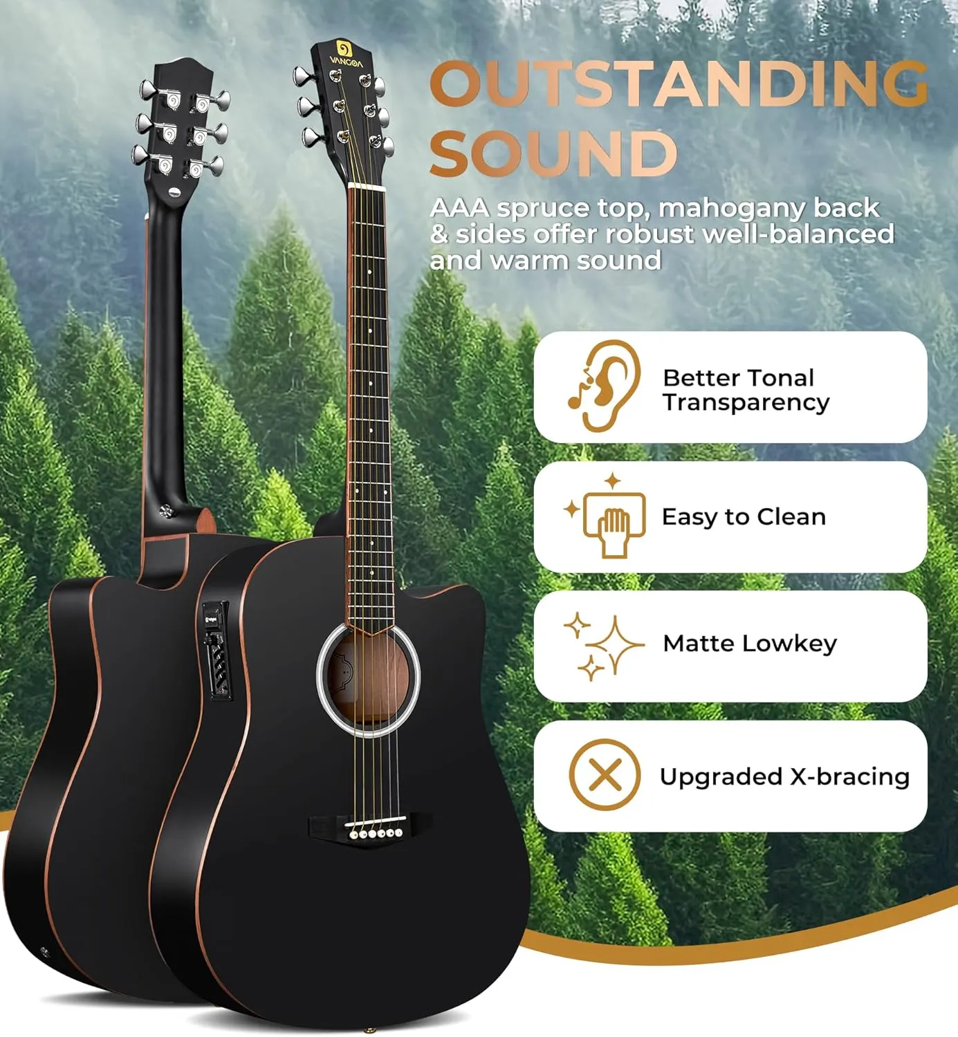 Vangoa Acoustic Electric Guitar Bundle for Beginners Adults Teens Full Size Cutaway Acoustic Guitar with Built-in Pickups, Wooden Bindings, Upgraded Starter Kit, Matte Black