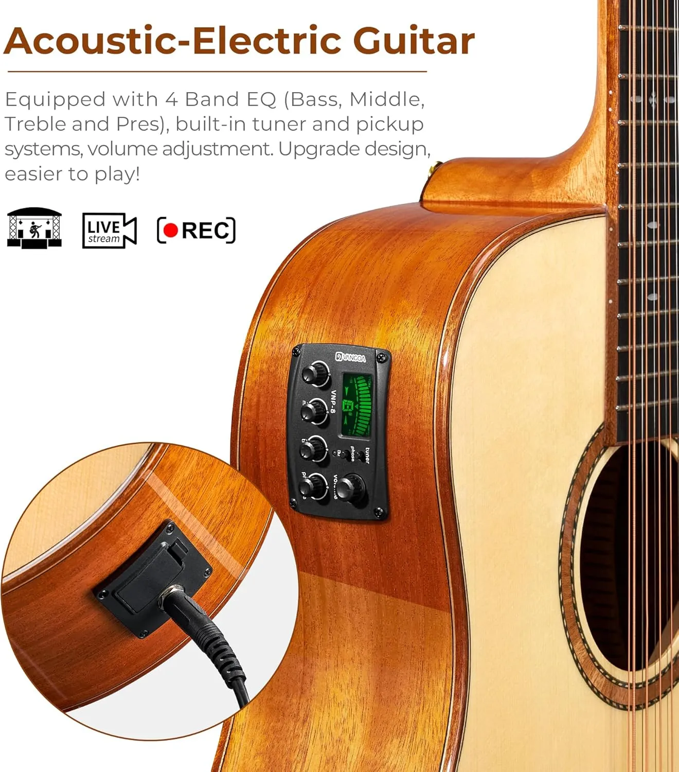Vangoa Advanced 12 String Guitar, Twelve String Acoustic Electric Guitar Kit with 4-Band EQ Electroacoustic Set for Professional Adults Intermediate, Spruce Top, Natural