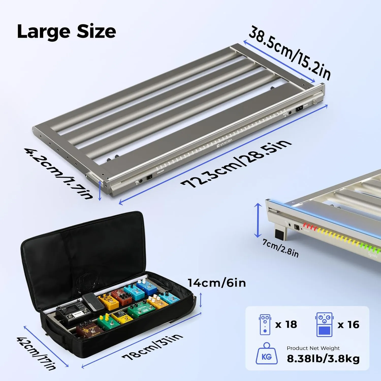 Vangoa Guitar Pedal Board with Built-in Isolated Power Supply, PD-L Aluminum Alloy Folding Powered Guitar Pedalboard with Adjustable Light Bar with Wheeled Gig Bag, Extra Large, 25.2"x13.8", Gray